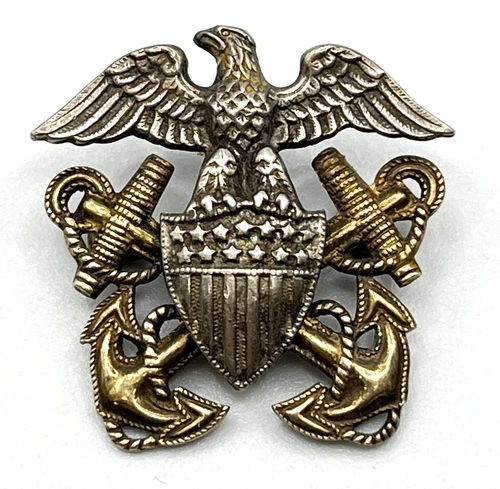 WW2 Sterling Silver & 10k Gold U.S. Navy Lapel Pin Officers Hat Badge Military