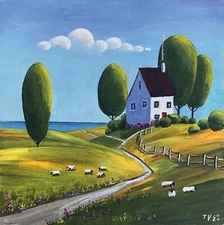 Summer Country Landscape Acrylic Painting Original Art House And Green Trees 8x8