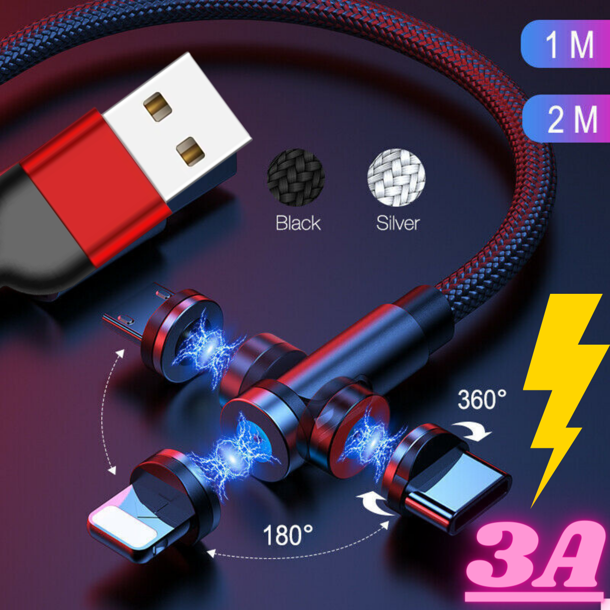 3-in-1 Magnetic Charging Cable - 360° Fast Charge For Type-C, Micro USB & IPhone (3.3ft, Braided)