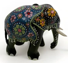 VINTAGE HAND CARVED HAND MADE BLACK ELEPHANT WITH HAND PAINTED COLORS