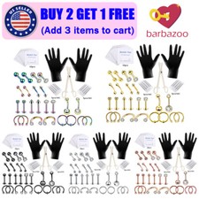 47PCS 316L Steel Body Piercing Kit Pro Navel Eyebrow Nose Ring Studs Needles Set