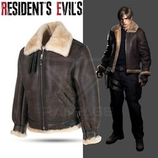 RE 4 Remake Leon Kennedy Bomber Leather FUR Jacket For Halloween Costume/Cosplay