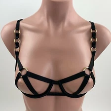 Victoria’s Secret Very Sexy Strappy Unlined Balconet Bra Gold Ring Black XS NWT