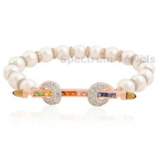 Multi Zaffiro Fumè Perla Pavè Diamante Ciondolo Bracciale 18k Oro Rosa 3.87 TCW