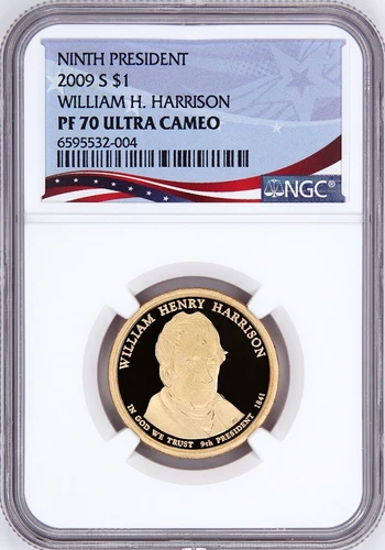 2009 S, $1 William H Harrison, Graded PF 70 Ultra Cameo by NGC * Patriotic Label