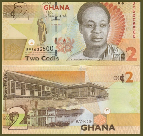 Ghana P37Ad, 2 Cedi, Nkrumah, gold bars / Parliment see UV & W/M images, UNC