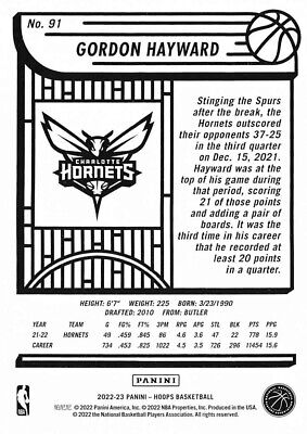 2022-23 NBA Hoops Base #91 Gordon Hayward - Charlotte Hornets