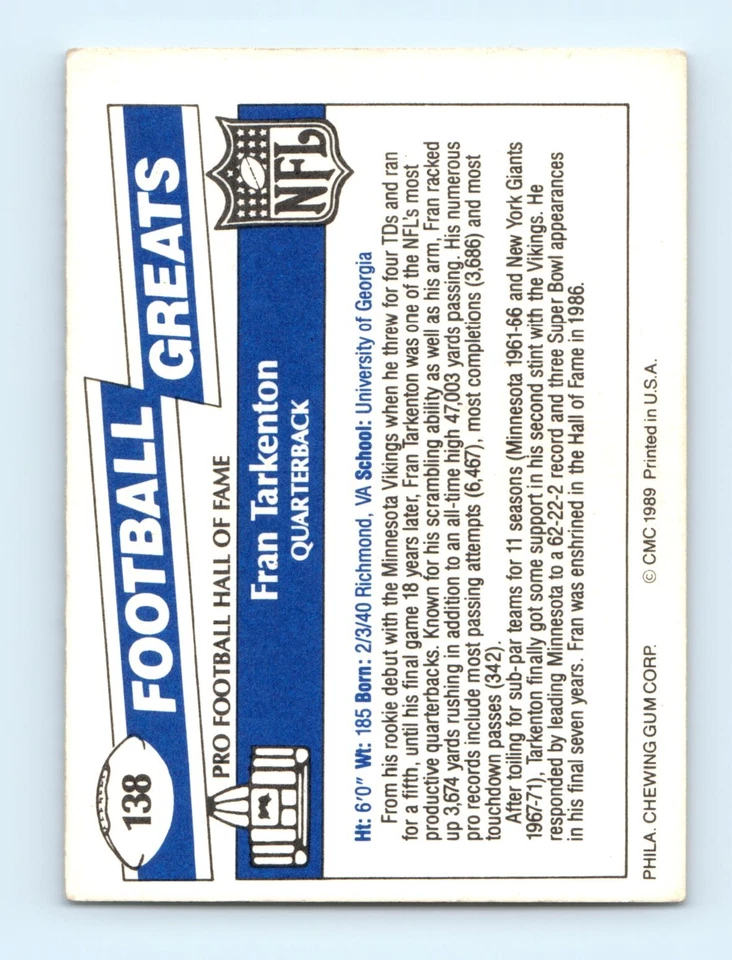 1989 Swell Greats #138 Fran Tarkenton - Image 2 of 2