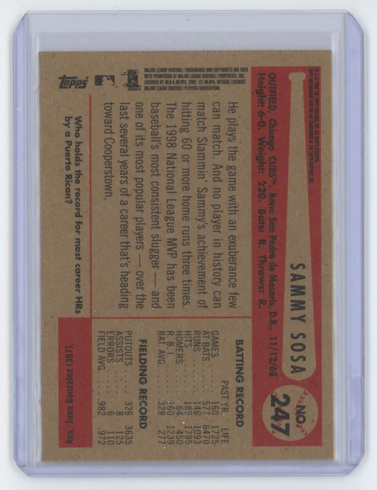 2002 BOWMAN HERITAGE SAMMY SOSA . CHICAGO CUBS #247 - Image 2 of 2