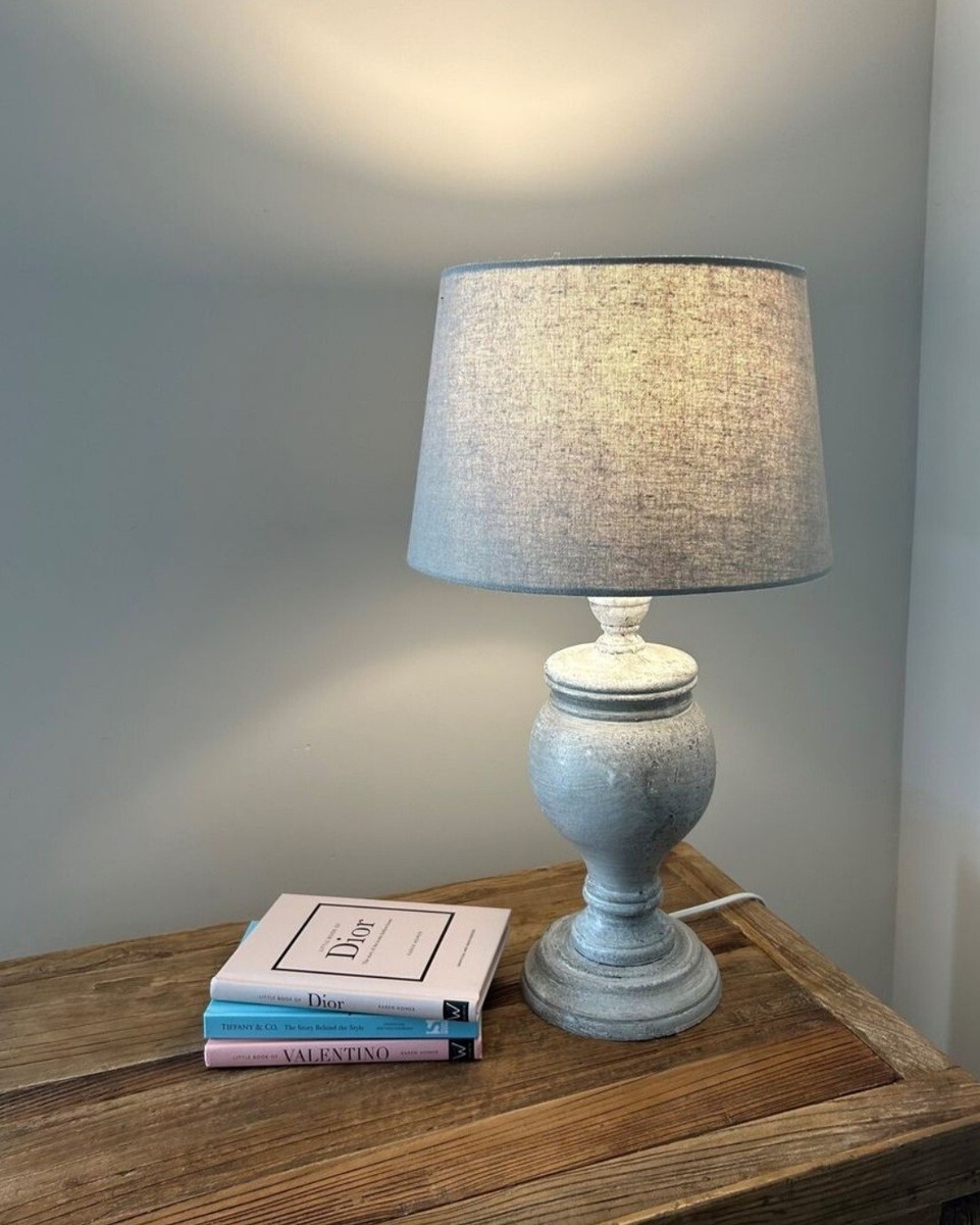 Shabby Chic Table Lamp with Grey linen Shade Washed Wood country