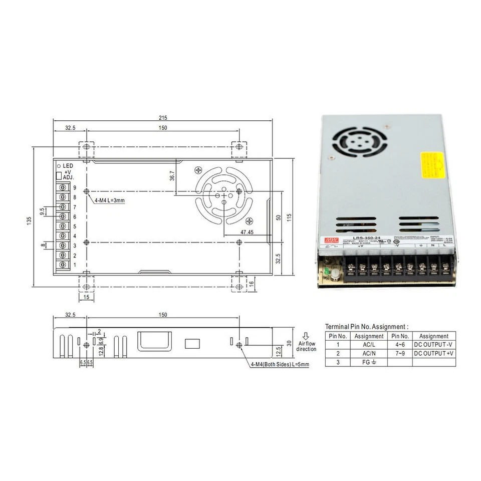 350W Meanwell Switch Power Supply LRS-350 12V 24V 36V 48V Single Output 7.3-29A - Image 4 of 4