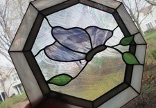 Vtg Ocatagonal Textured Stained Glass Sun Catcher Blue Butterfly 11"