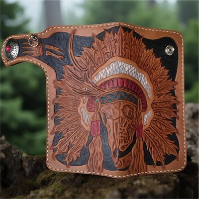 Handmade Genuine Leather Skull Biker Wallet, Carved Tribal Design