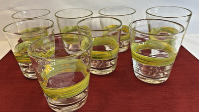 Tastefully Simple Handblown Double Glass 12 Oz Yellow/Lime Green Band (SET OF 8)