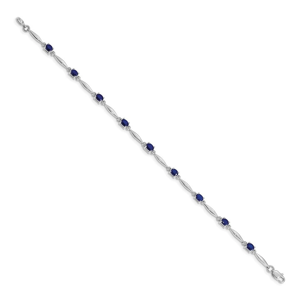 10k White Gold Oval Cut Blue Sapphire & Diamond Fancy Tennis Link Bracelet 7.5" - Image 2 of 3