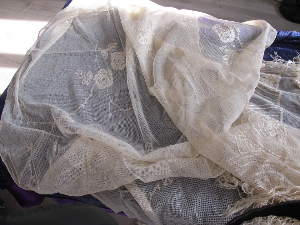 RIDEAU EN FILET BRODE AU FIL DE SOIE  / BLANC /  DECOR 1930 FRANGES EN SOIE - Photo 3/4