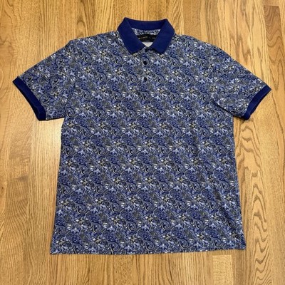 Etro Polo Shirt Mens Large Paisley All Over Print Made In Italy 100% Cotton Blue
