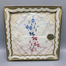Vintage Handkerchiefs Set Of 3 Hankies Embroidered Floral Cotton Lace Edges