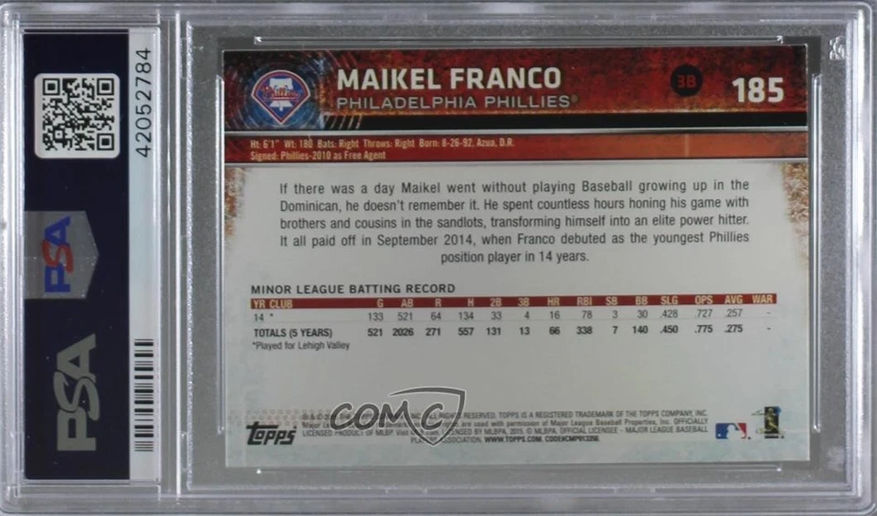 2015 Topps Opening Day Maikel Franco #185 PSA 9 MINT Rookie RC - Image 2 of 2