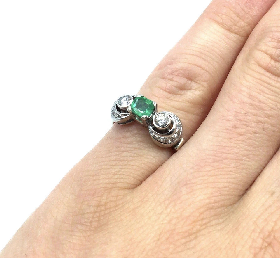 Anillo de oro blanco de 14kt esmeralda diamantes Art Deco 585 oro joyería... - Imagen 3 de 4