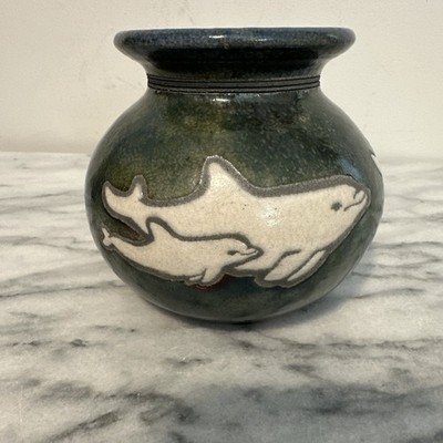 Jeremy Diller Raku Art Pottery Dolphins Design Vase Signed Iridescent Glaze NICE
