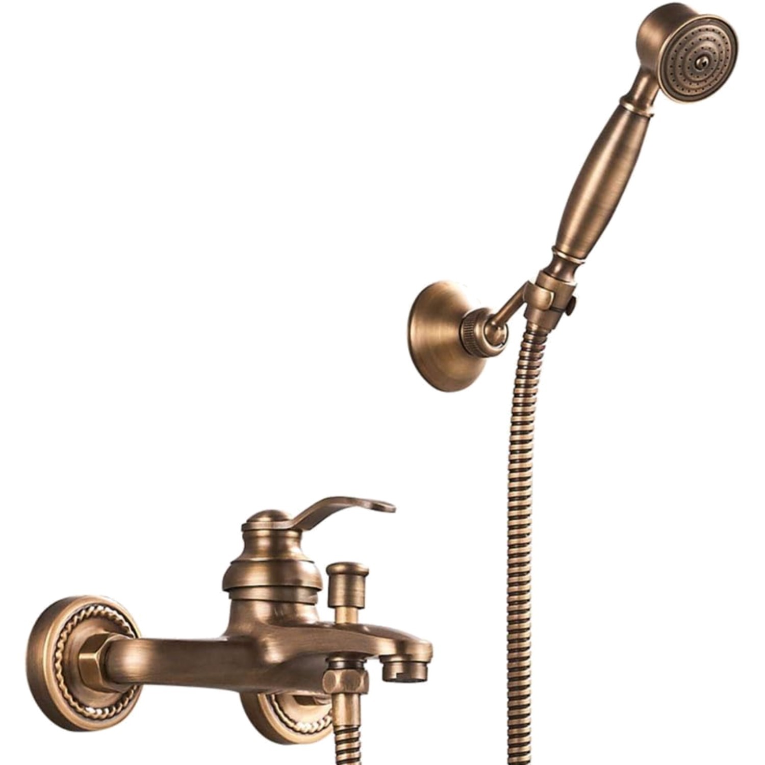 Retro Messing Mischbatterie für Badewanne mit Handbrause und Edelstahl-Schlauch