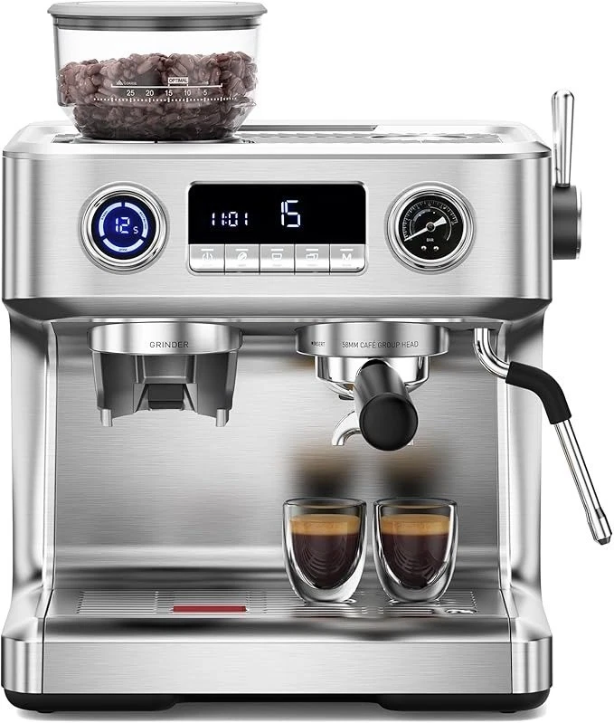 Kndko Espresso Coffee Machine with Grinder Milk Steam Wand 20 Bar Double Boiler