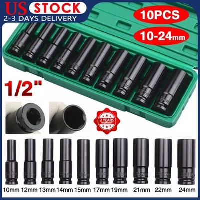 1/2'' Deep Impact Socket Set Drive Long Reach Thin Wall Metric Sockets 10mm-24mm
