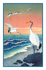 Japanese Ohara Shoson Koson Cranes at  Sunset Counted Cross Stitch Chart