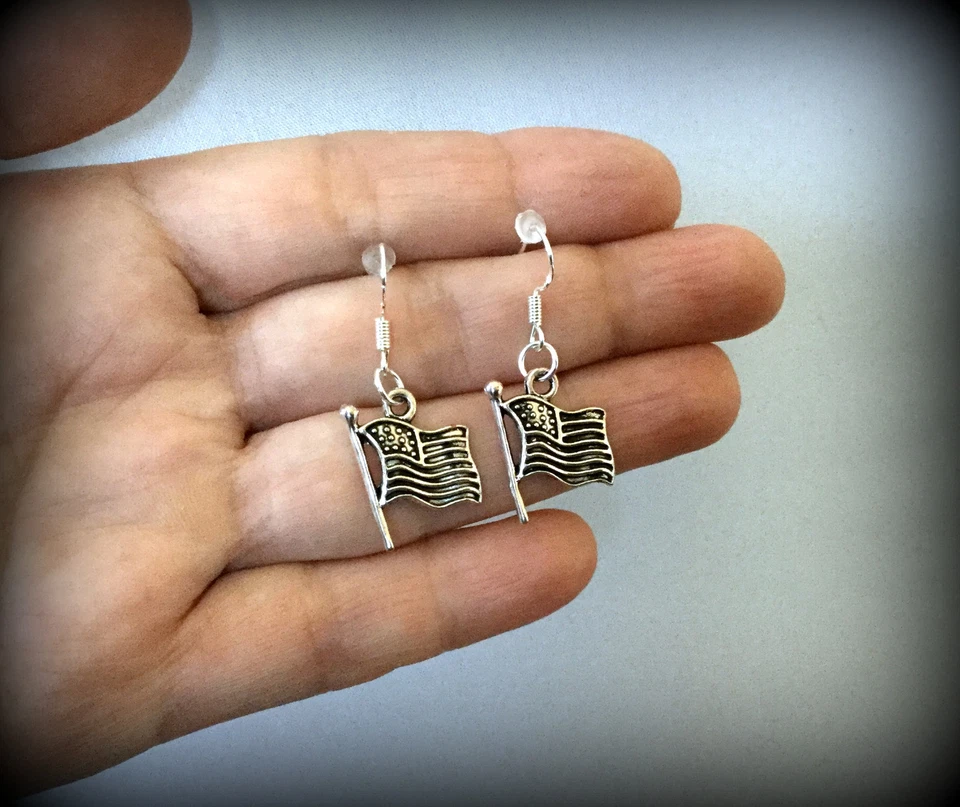 BUY 2 GET 1 FREE~JULY 4TH PATRIOTIC USA AMERICAN FLAG MILITARY SILVER EARRINGS - Image 4 of 4