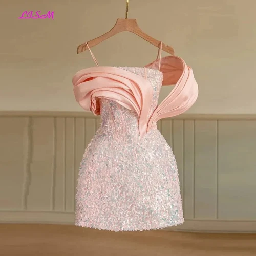 Glitter Sweet Short Prom Dress Crystal Sequined Mini Cocktail Gowns Party robes - Picture 3 of 11