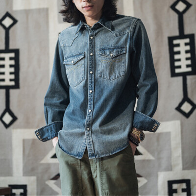 John Varvatos Avron Long Sleeve Western Shirt - Vintage Wash Slub Cotton In Pacific Blue Size Large