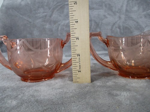 Depression Glass Sugar Bowl And Creamer Set Pink Floral Etched Vintage Handle * - Picture 5 of 16