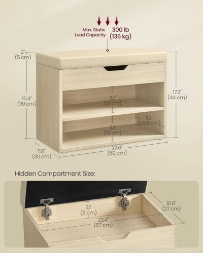 VASAGLE Shoe Bench with Cushion, Storage Bench with Padded Seat - Picture 3 of 5