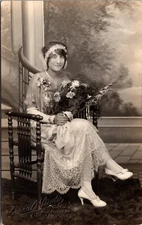 Postcard Real Photo RPPC Elegantly Dressed Woman with Flowers Studio Photo