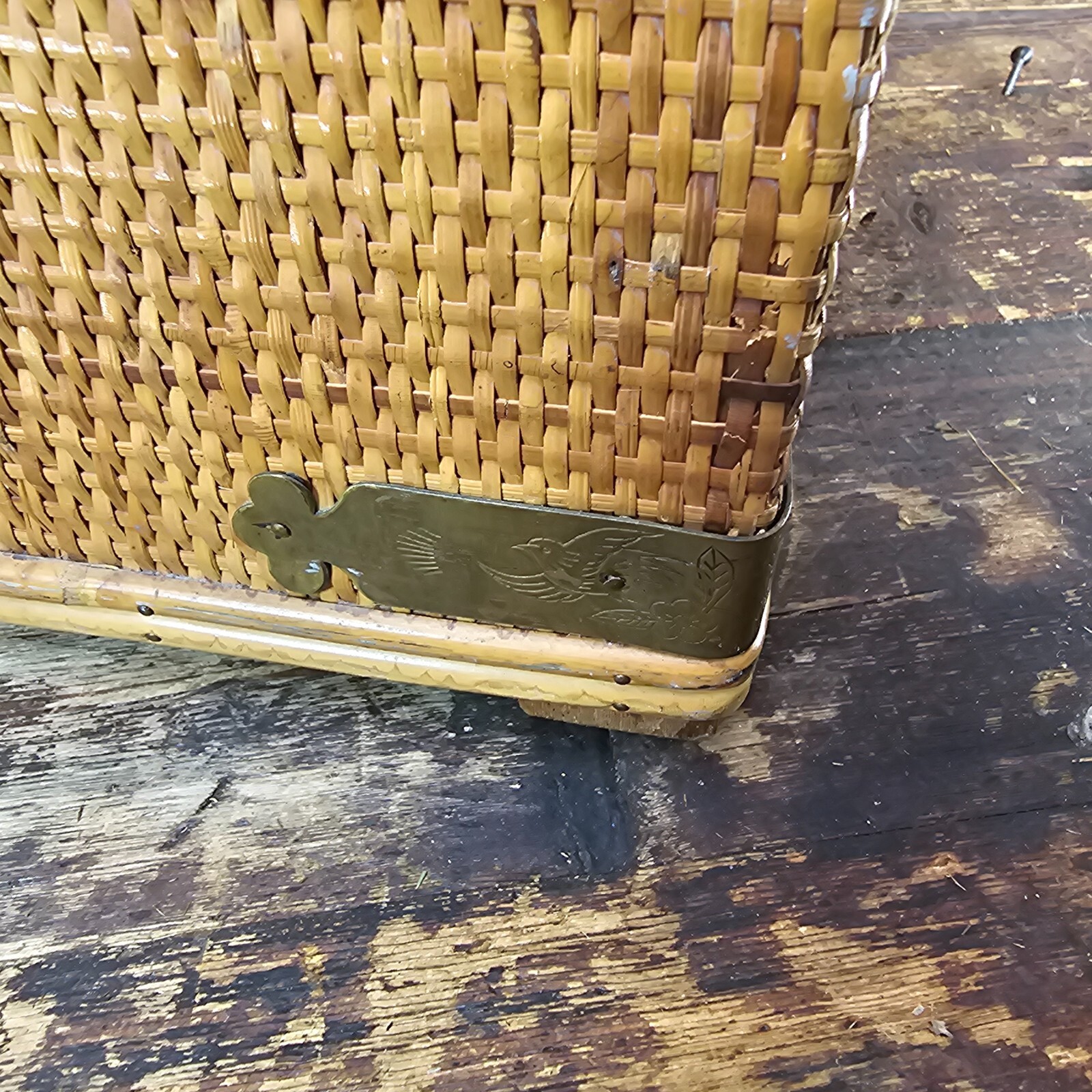 Vintage Wicker & Brass Chinoiserie Chest Trunk From Hong Kong 20"L x 20"W x 21"H