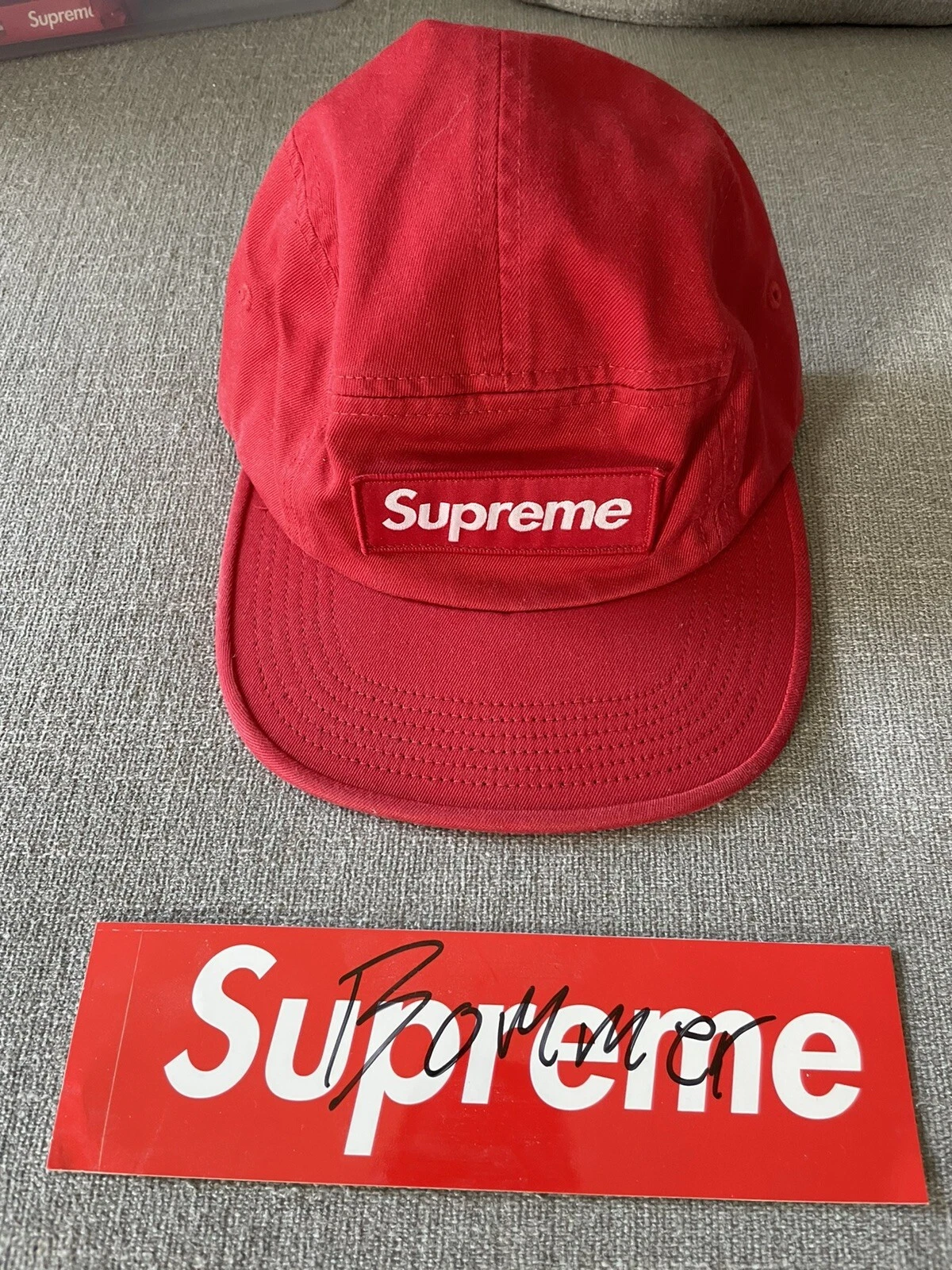 Casquette de camp en sergé chino lavé suprême boîte rouge logo chapeau FW18