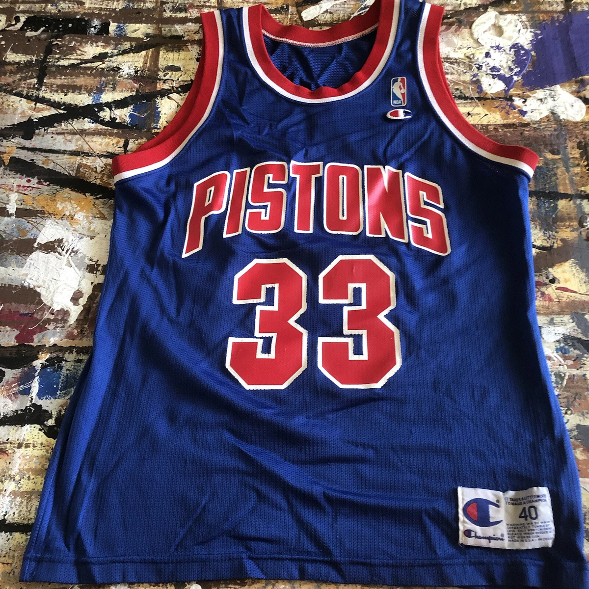 1996-00 DETROIT PISTONS HILL #33 CHAMPION JERSEY (HOME) L