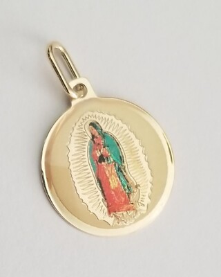 14K Gelbgold kleine Jungfrau Unsere Liebe Frau von Guadalupe Emaille Charm Anhänger 15x16mm
