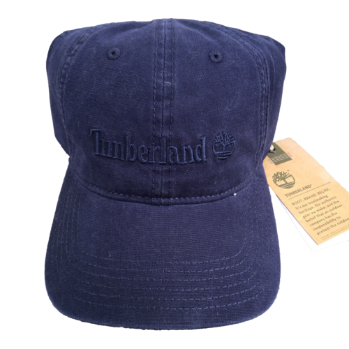NWT Timberland Leather Strapback Blue Baseball Hat Cap Logo Canvas - Picture 1 of 4
