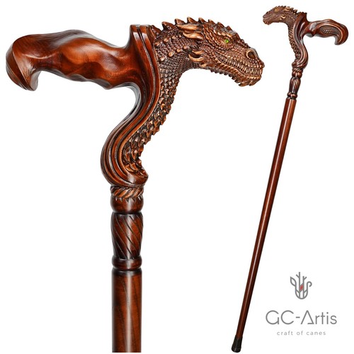 Wooden Walking Cane Stick Dragon Fantasy Style Ergonomic Original GC-Artis - Picture 18 of 19
