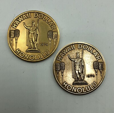 1974 Bronze Hawaii Dollar Honolulu Aloha from Hawaii Set Of 2 Souvenir Coins /b