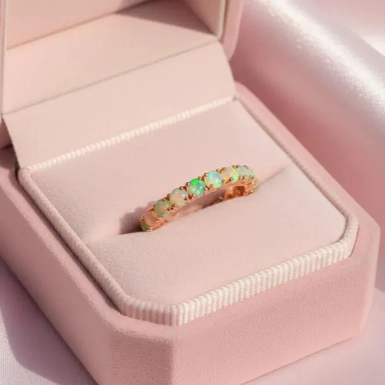 Natural Opal Wedding Band Ring Fire Opal Eternity Ring Rose Gold Welo Opal Ring - Image 2 of 4