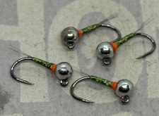 4ea. Olive Tinsel  jigged perdigons size #14. Excellent Euro Nymph.