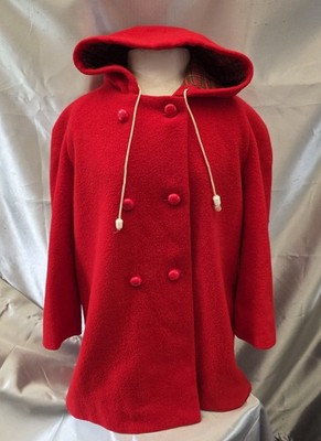 Vintage 100% NZ Wool Red Hooded Coat 1950's Plaid Lining Childs Size 6