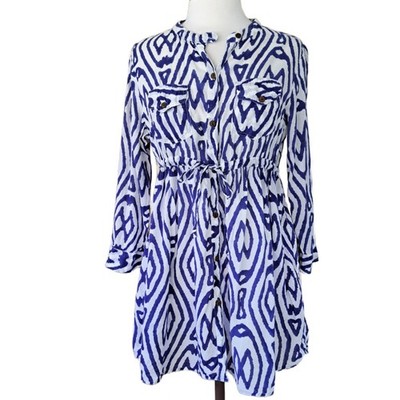Roberta Roller Rabbit Blue Drawstring Waist Mini Shirt Dres Blue Ikat Medium