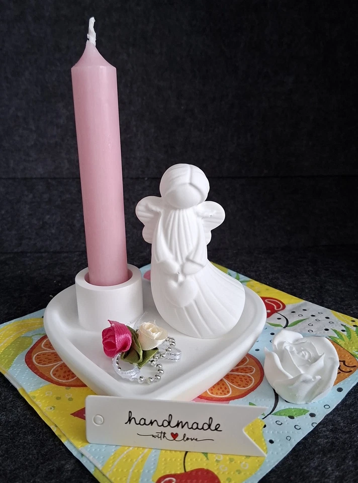 KUPI Keramik:  Herzschale mit Kerzenhalter, Engel und Rose (Handarbeit) - Bild 1 von 4