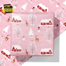 Pink Christmas Wrapping Paper - Xmas Gift Wrap with Snowy Houses, Reindeer, Snow