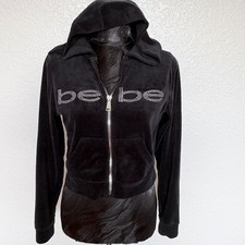 bebe Hoodie Velour Rhinestone Logo Zip Up, Womens M Black