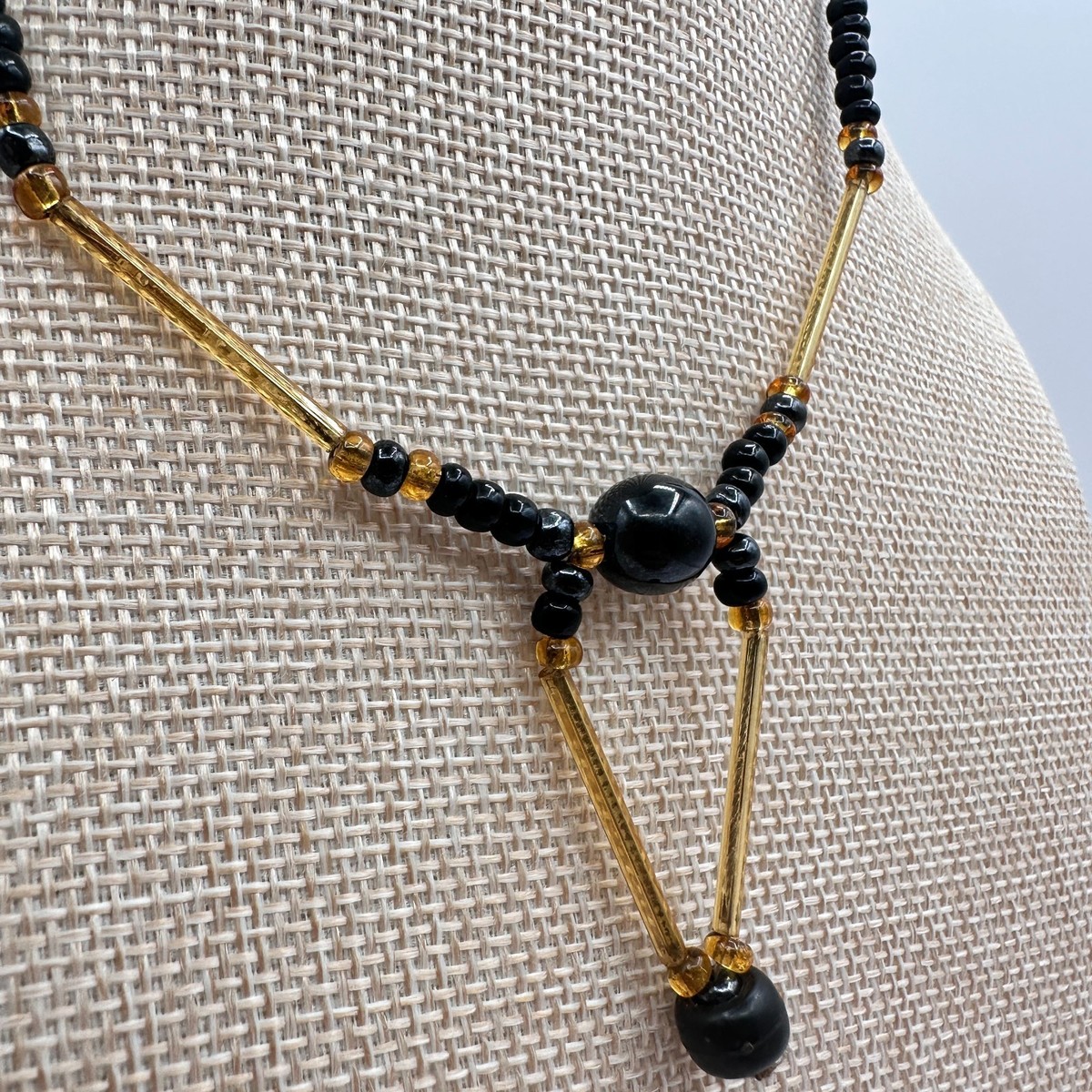 Vintage 80s Black Onyx Seed Bead Necklace Amber Bugle Glass Choker